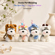 Four grey-and-white plush Spirit Dog keychains, each wearing a different animal-themed hood
