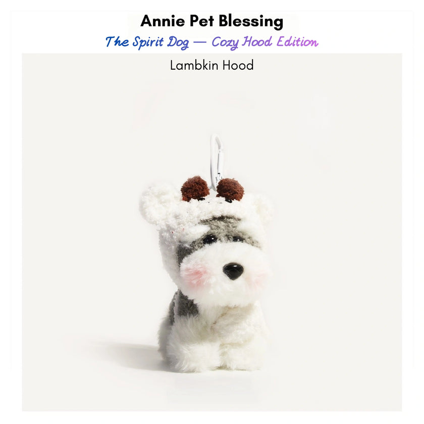 Grey-and-white plush Spirit Dog keychain wearing a white lambkin hood