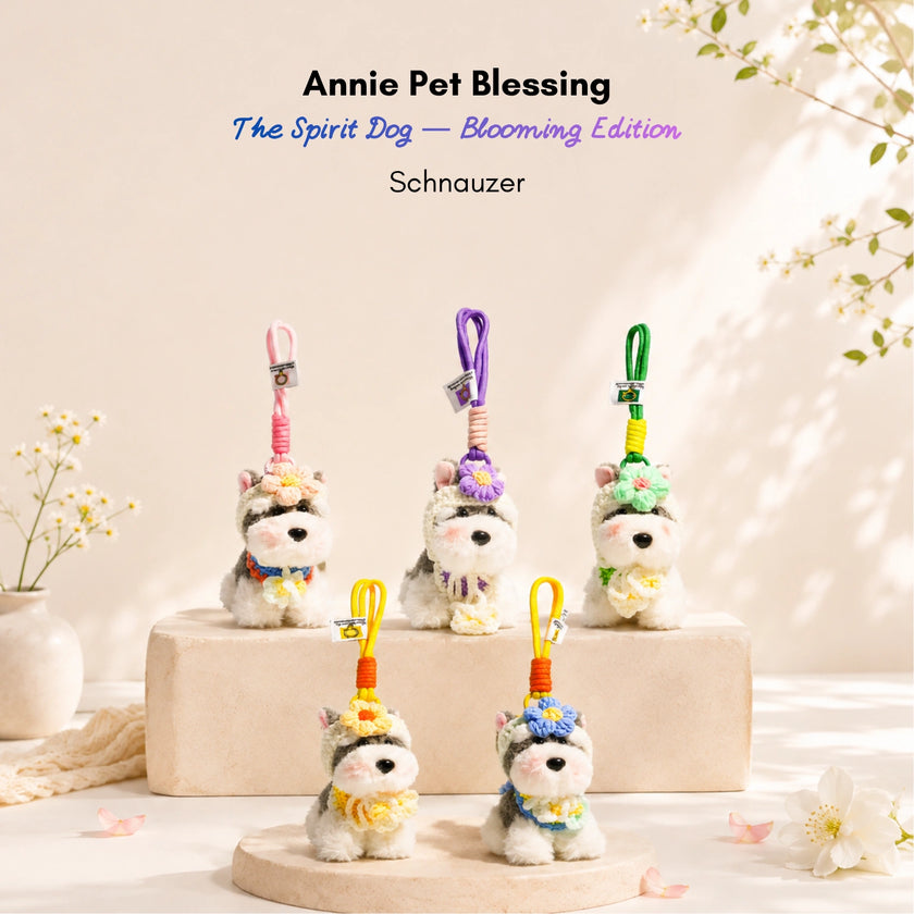 Five grey-and-white plush Spirit Dog keychains, each wearing a different colored crocheted flower headband