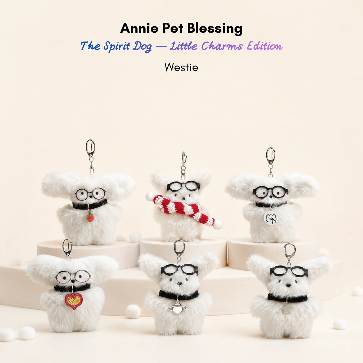 Six white fluffy plush charm keychains, each wearing glasses and a collar with a different silver charm