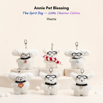Six white fluffy plush charm keychains, each wearing glasses and a collar with a different silver charm