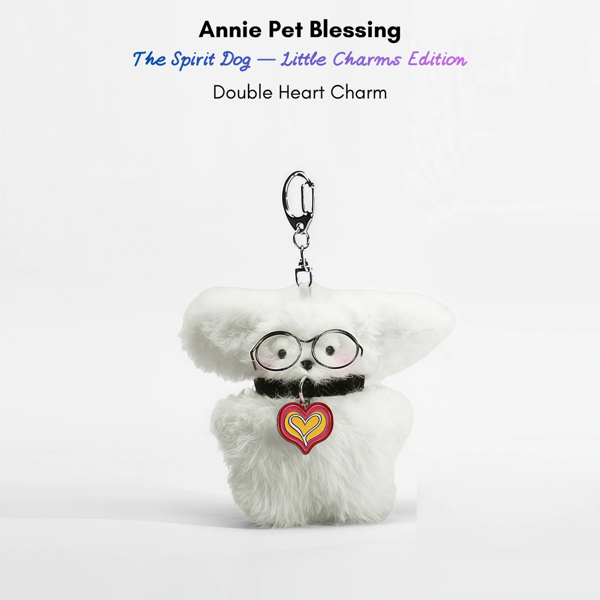 White fluffy plush charm keychain wearing glasses and a collar with a layered heart-shaped charm