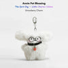 White fluffy plush charm keychain wearing glasses and holding a red strawberry charm