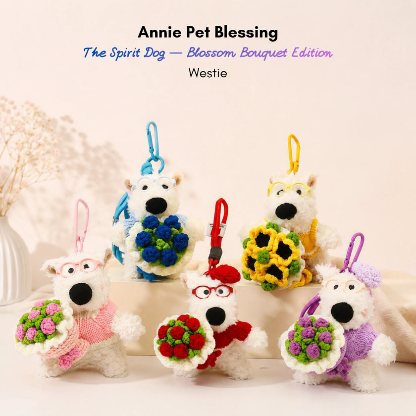 Five Westie plush keychains in different colored sweaters, each holding a matching crocheted flower bouquet
