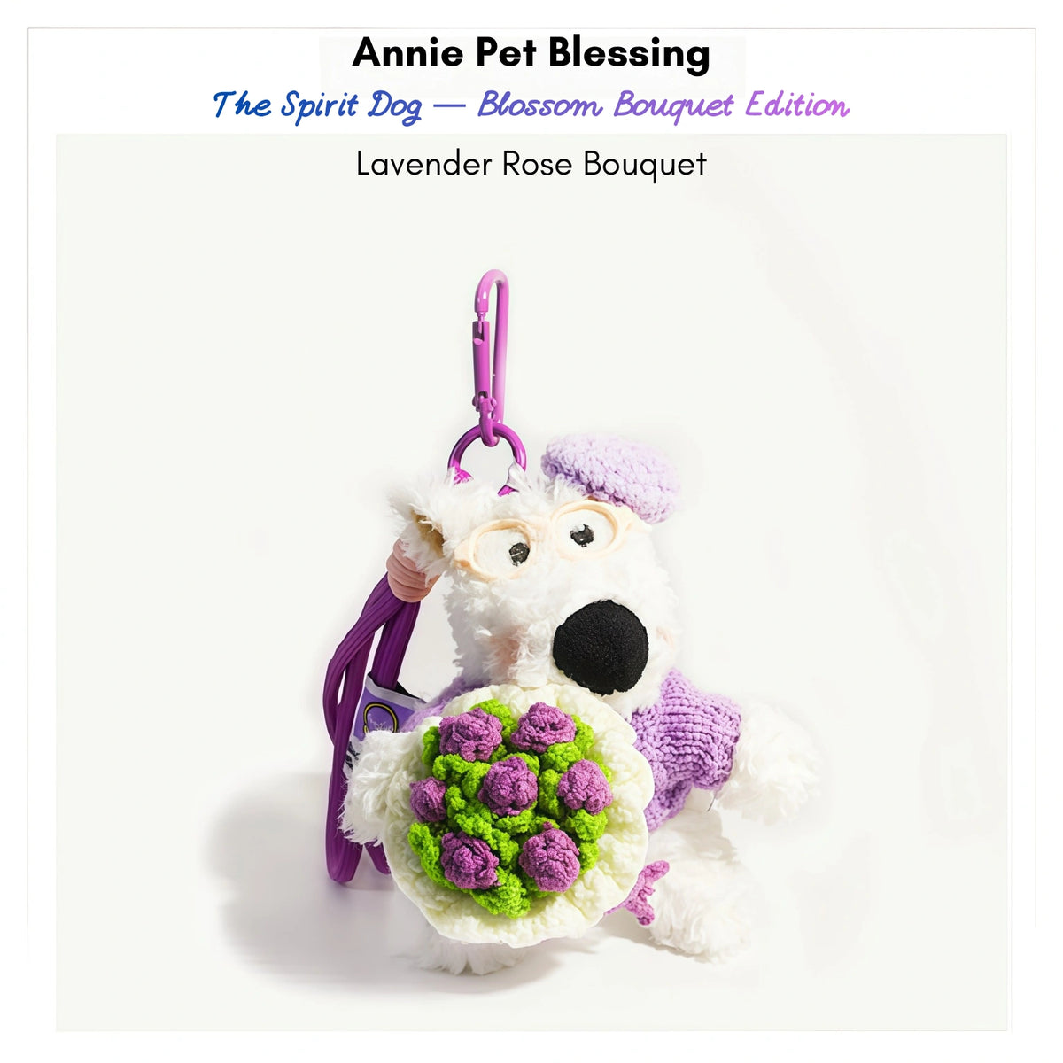 Westie plush keychain wearing a purple sweater, beret, and glasses, holding a crocheted lavender rose bouquet