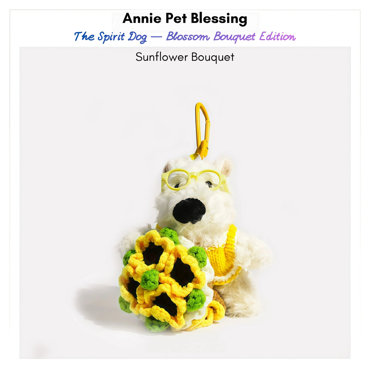 Westie plush keychain wearing a yellow sweater and glasses, holding a crocheted sunflower bouquet