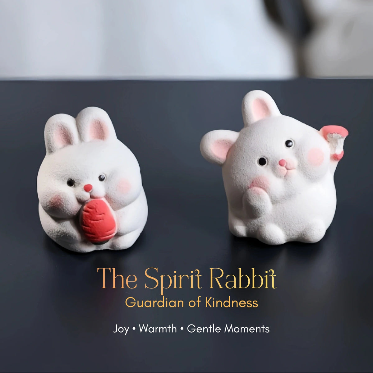 Two white ceramic Spirit Rabbit figurines with pink cheeks and black eyes