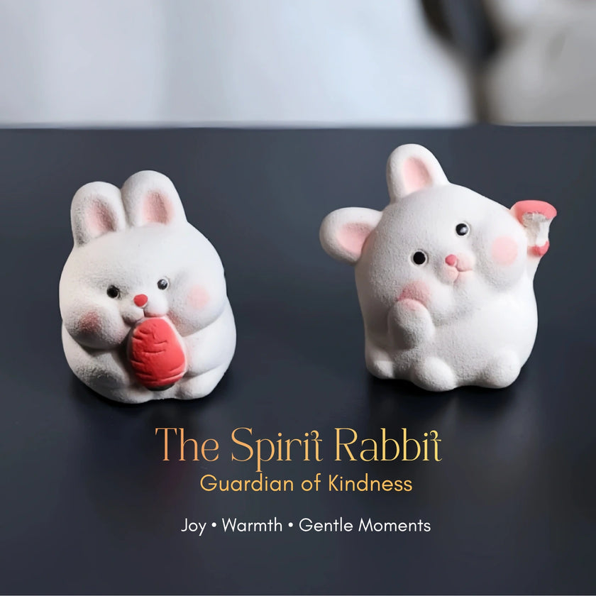 Two white ceramic Spirit Rabbit figurines with pink cheeks and black eyes