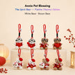 Eight plush Spirit Bear keychains in white and brown, each wearing a different festive accessory