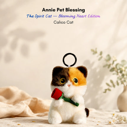 Calico plush Spirit Cat keychain holding a red velvet rose