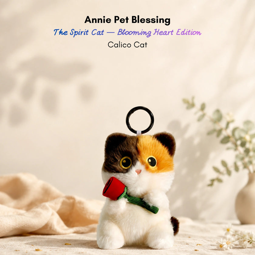 Calico plush Spirit Cat keychain holding a red velvet rose