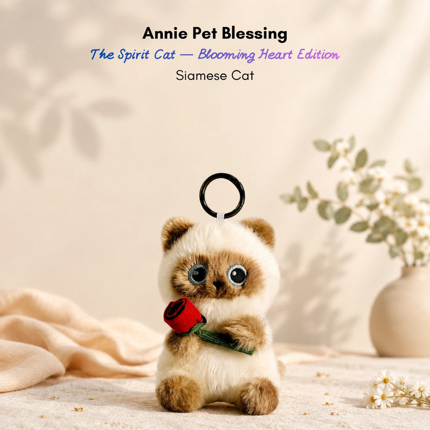 Cream Siamese-style plush Spirit Cat keychain holding a red velvet rose