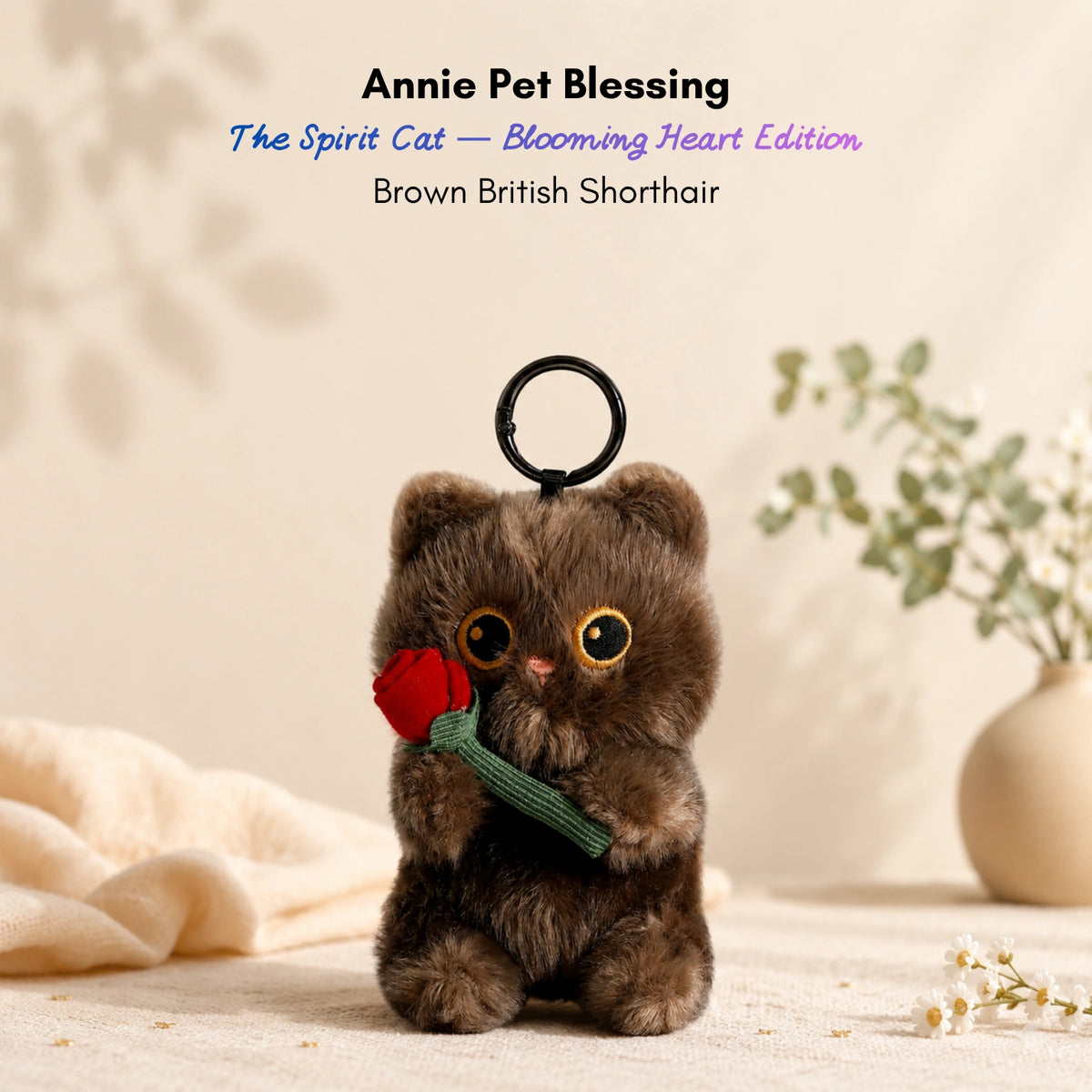 Brown plush Spirit Cat keychain holding a red velvet rose