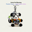 Plush Spirit Panda keychain wearing goggles and a rainbow-striped sweater, holding a toy camera