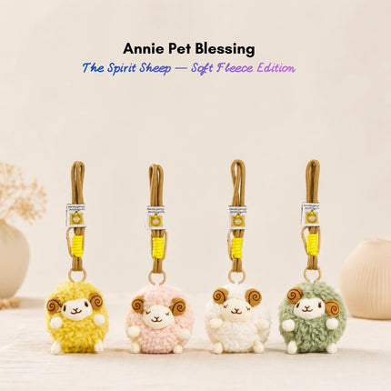 Four plush Spirit Sheep keychains in yellow, pink, white, and sage green