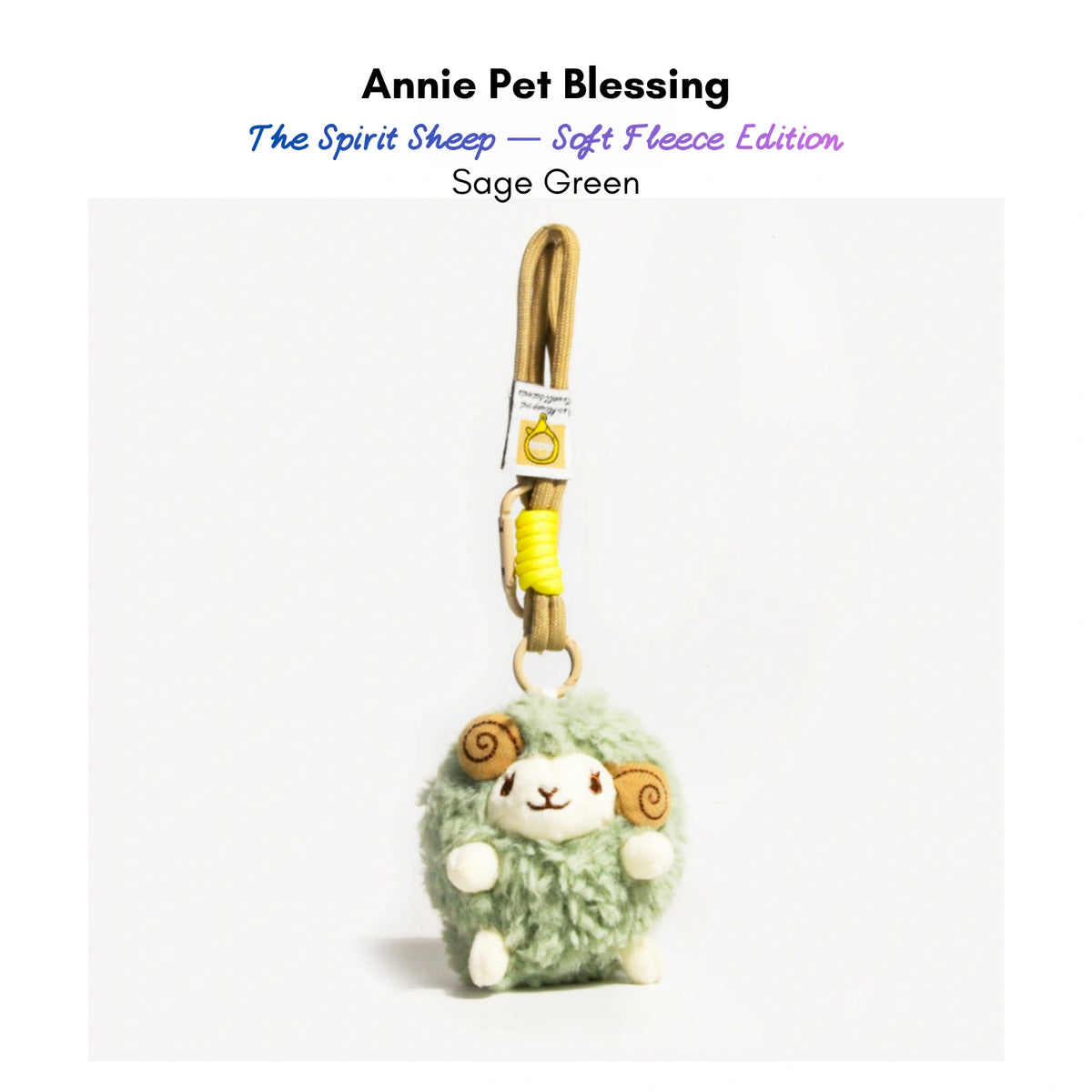 Sage green plush Spirit Sheep keychain with curled brown horns