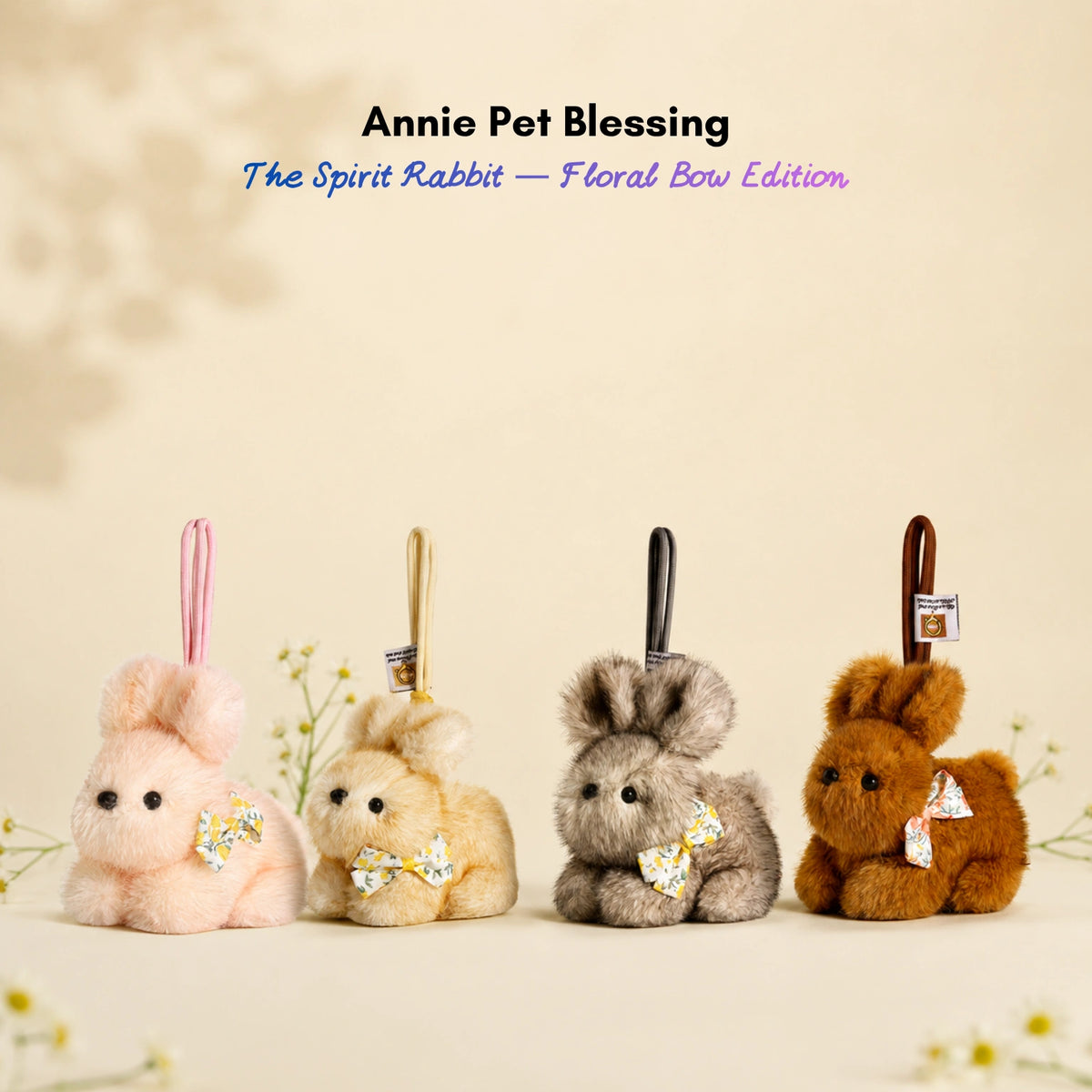 Four plush Spirit Rabbit keychains in pink, tan, gray, and brown, each wearing a floral bow