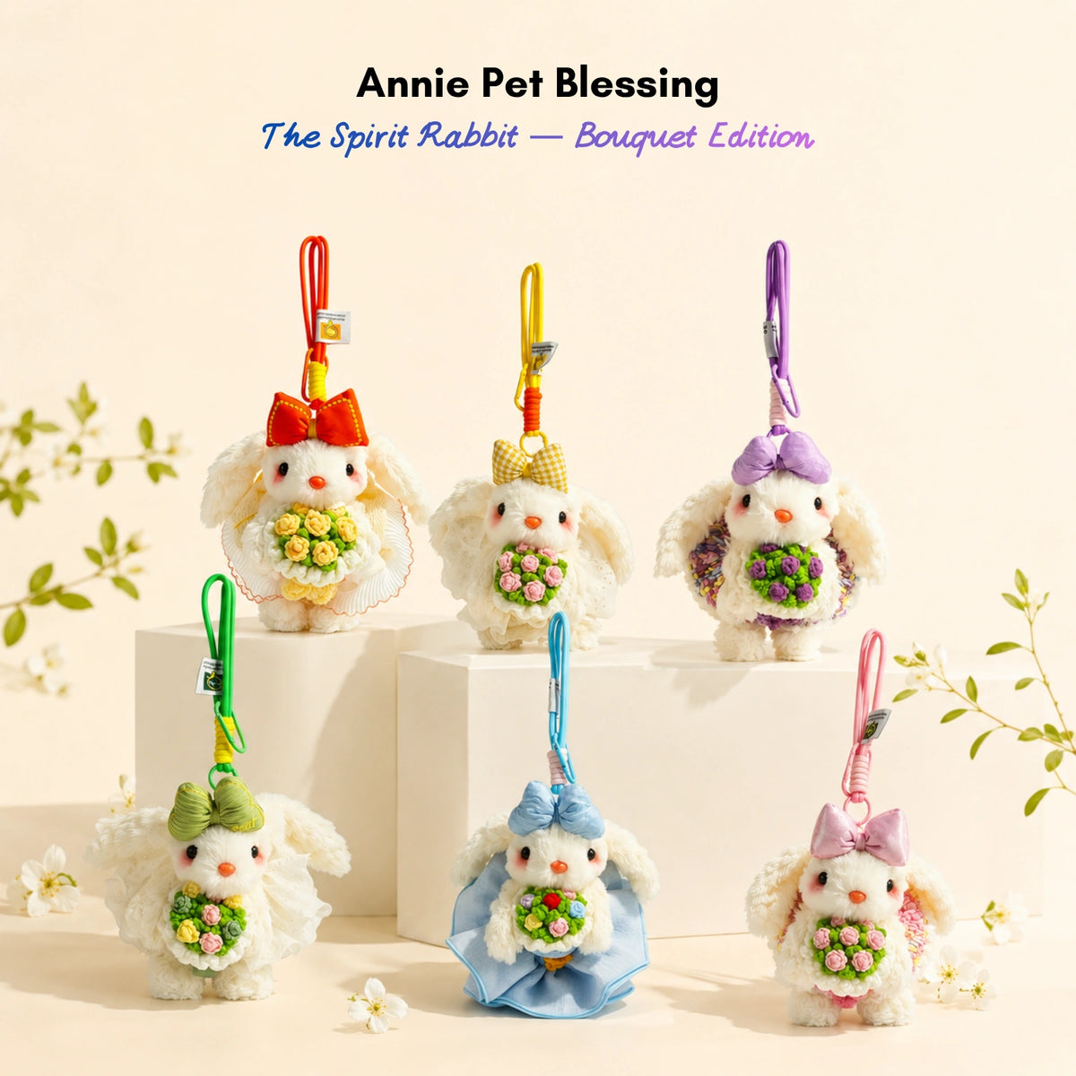 Six plush Spirit Rabbit keychains in different colored outfits, each holding a floral bouquet, Bouquet Edition