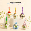 Six plush Spirit Rabbit keychains in different colored outfits, each holding a floral bouquet, Bouquet Edition