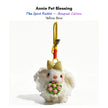 White plush Spirit Rabbit keychain wearing a yellow gingham bow, holding a pink rose bouquet