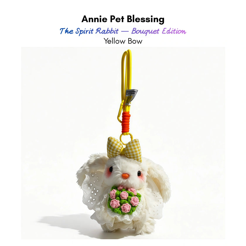 White plush Spirit Rabbit keychain wearing a yellow gingham bow, holding a pink rose bouquet