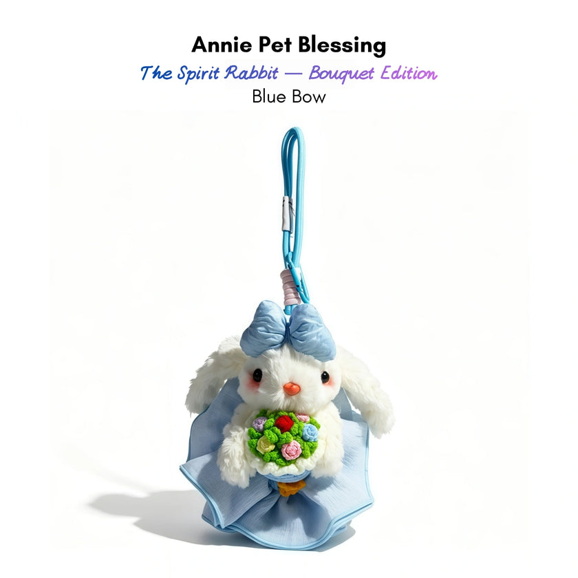 White plush Spirit Rabbit keychain wearing a blue bow and ruffled outfit, holding a multicolor bouquet