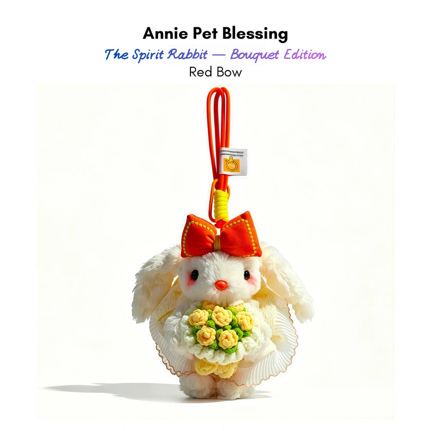 White plush Spirit Rabbit keychain wearing a red-orange bow, holding a yellow rose bouquet