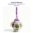 White plush Spirit Rabbit keychain wearing a purple bow and patterned outfit, holding a purple rose bouquet