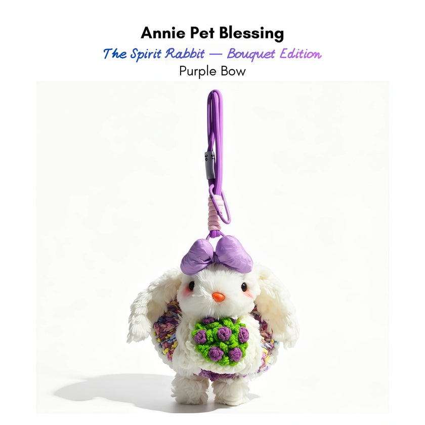 White plush Spirit Rabbit keychain wearing a purple bow and patterned outfit, holding a purple rose bouquet