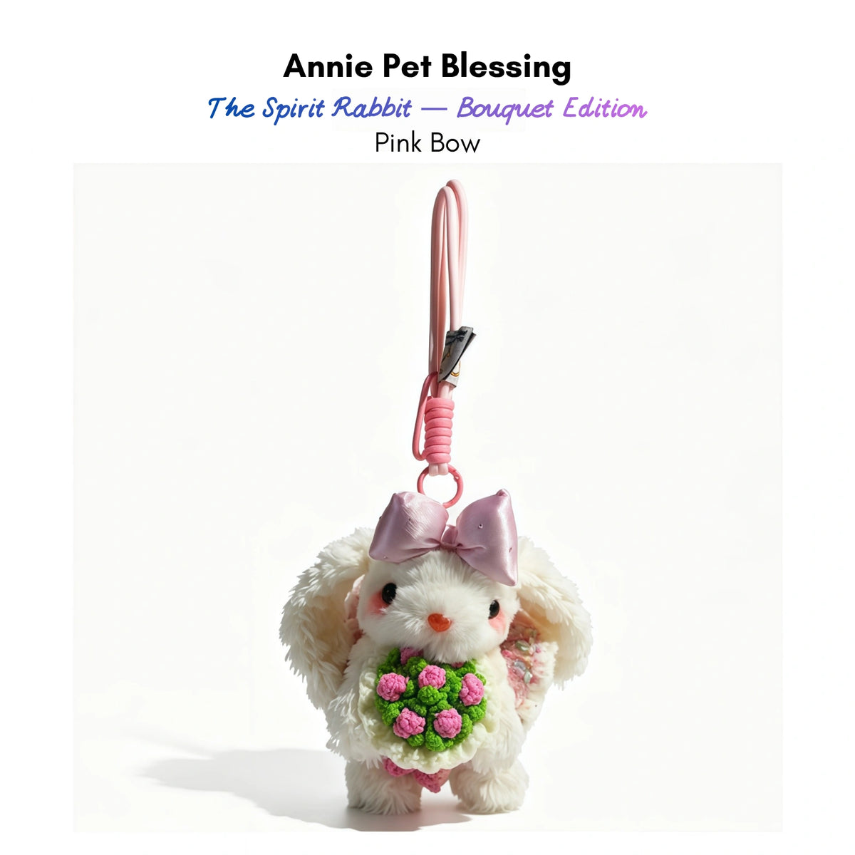 White plush Spirit Rabbit keychain wearing a pink satin bow, holding a pink rose bouquet