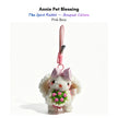 White plush Spirit Rabbit keychain wearing a pink satin bow, holding a pink rose bouquet