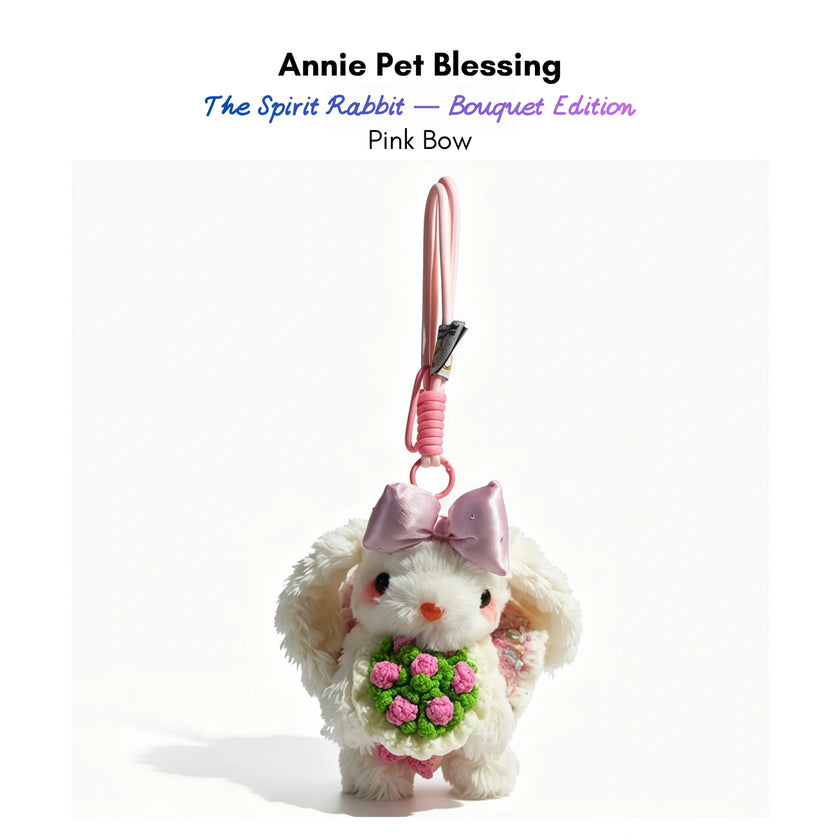 White plush Spirit Rabbit keychain wearing a pink satin bow, holding a pink rose bouquet
