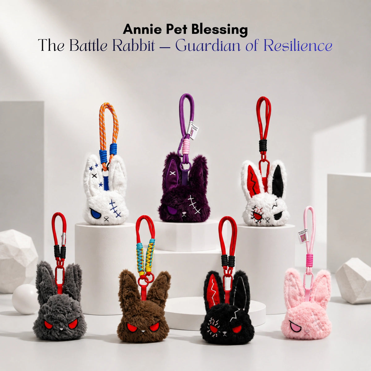 Seven plush Battle Rabbit head keychains in different colors, each with stitched angry expressions
