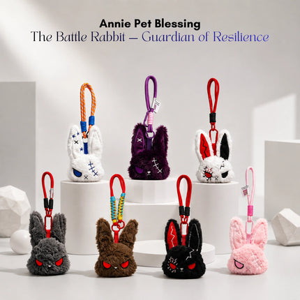 Seven plush Battle Rabbit head keychains in different colors, each with stitched angry expressions
