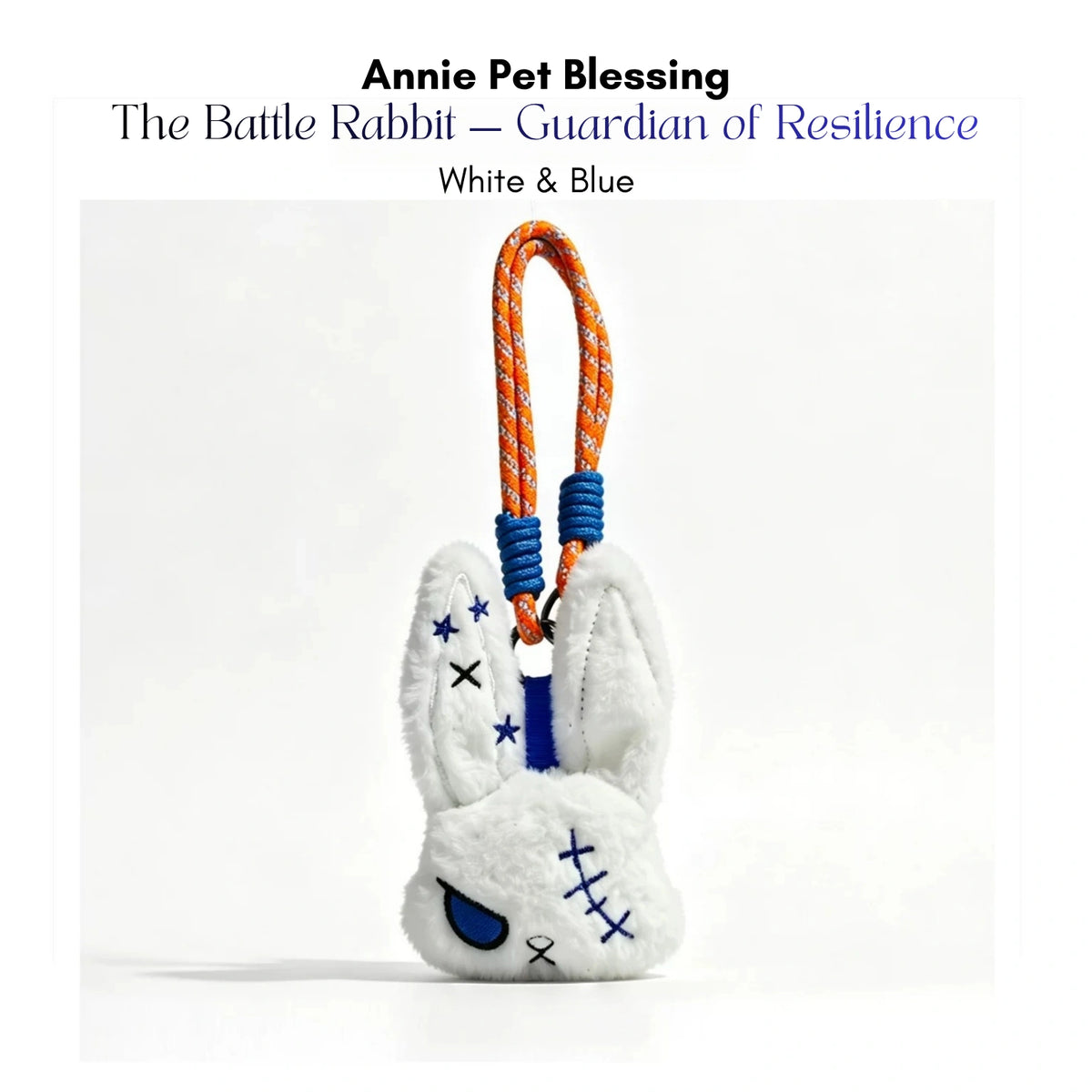 White plush Battle Rabbit keychain with blue stitched eyes and star-patterned ears, White and Blue edition