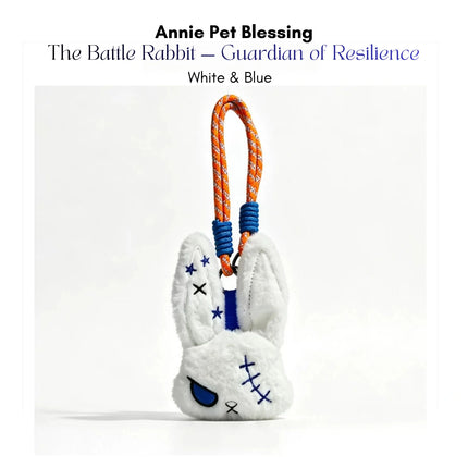 White plush Battle Rabbit keychain with blue stitched eyes and star-patterned ears, White and Blue edition