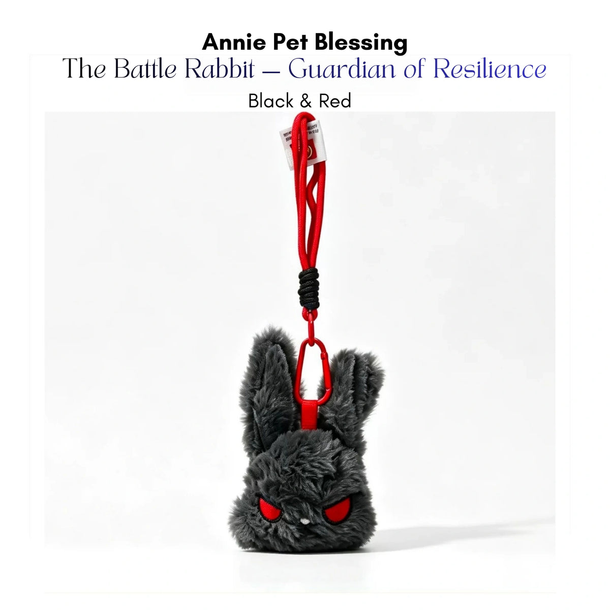 Dark gray plush Battle Rabbit keychain with red stitched angry eyes, Black and Red edition