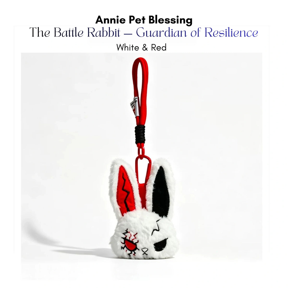 White plush Battle Rabbit keychain with a red zigzag ear and stitched eyes, White and Red edition