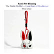 White plush Battle Rabbit keychain with a red zigzag ear and stitched eyes, White and Red edition