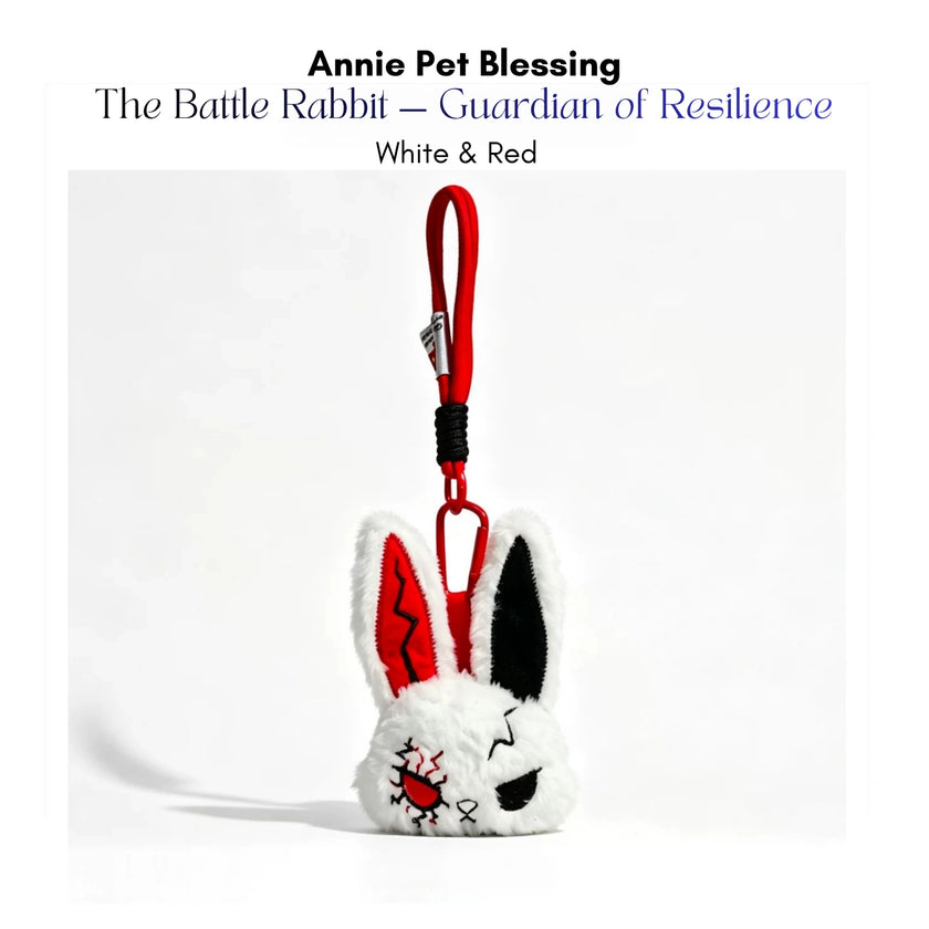 White plush Battle Rabbit keychain with a red zigzag ear and stitched eyes, White and Red edition