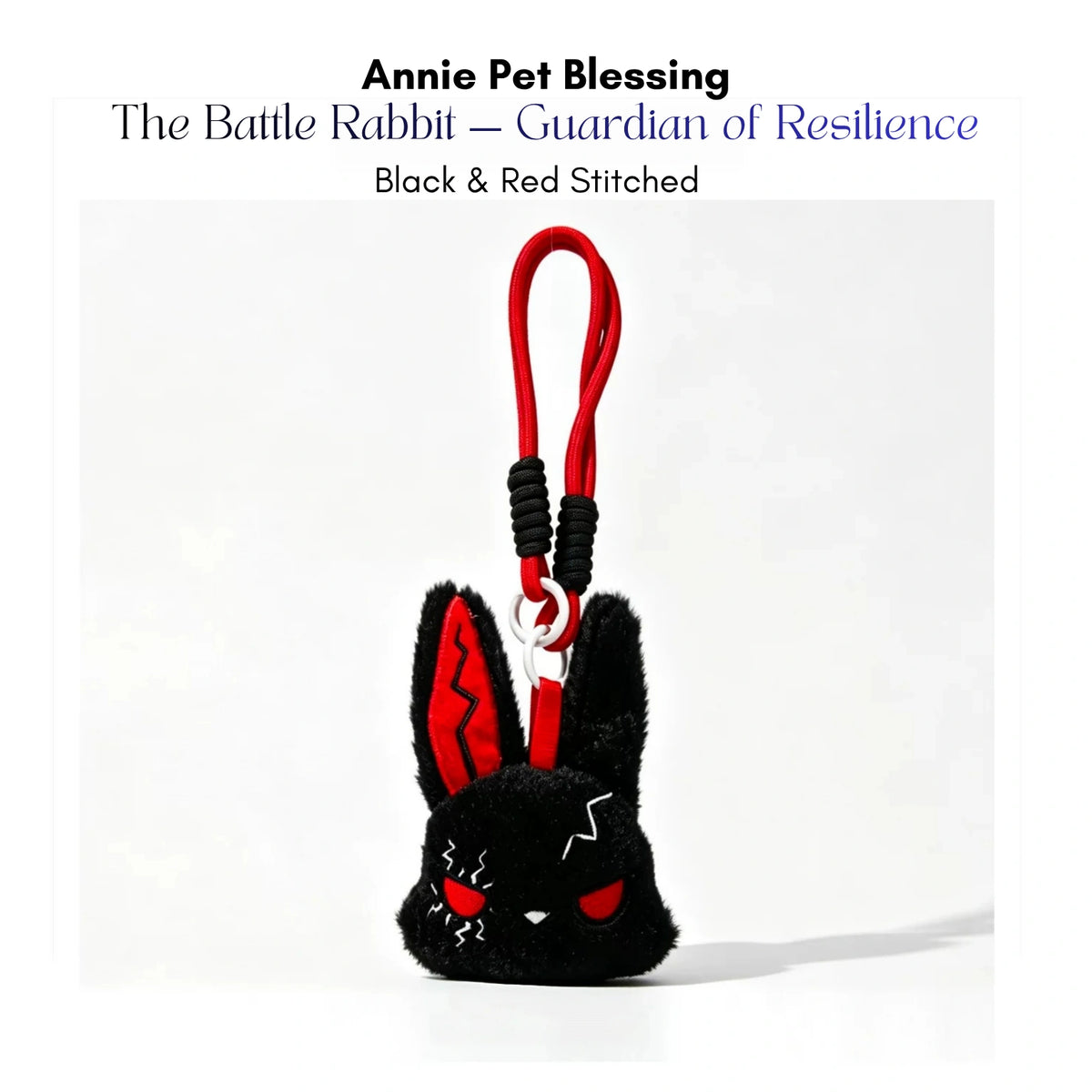Black plush Battle Rabbit keychain with red-and-black patterned ears and lightning stitching, Black and Red Stitched edition