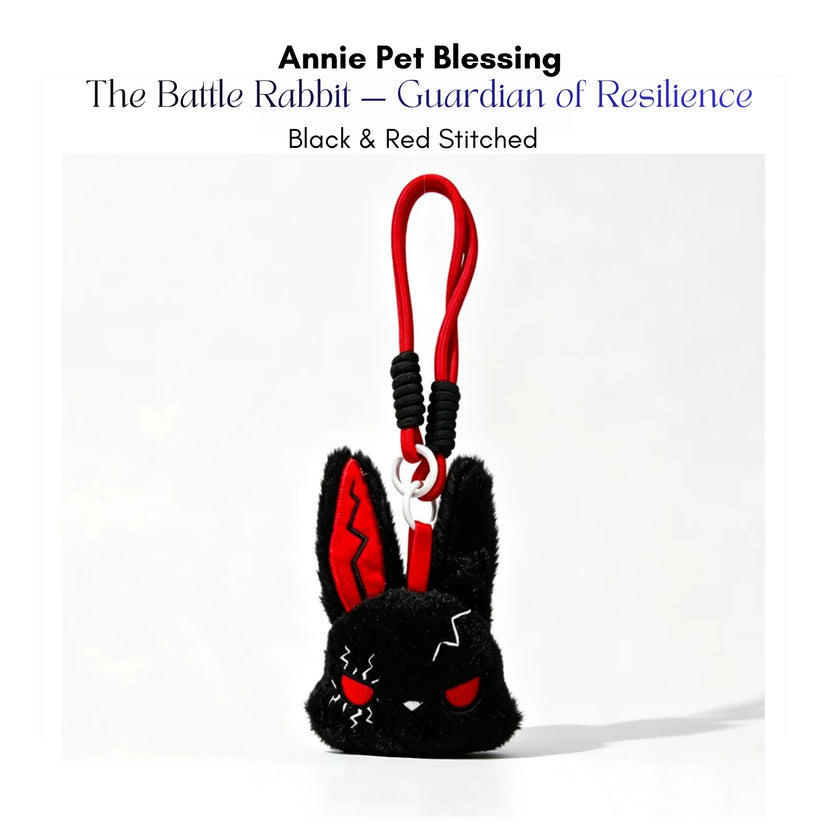 Black plush Battle Rabbit keychain with red-and-black patterned ears and lightning stitching, Black and Red Stitched edition