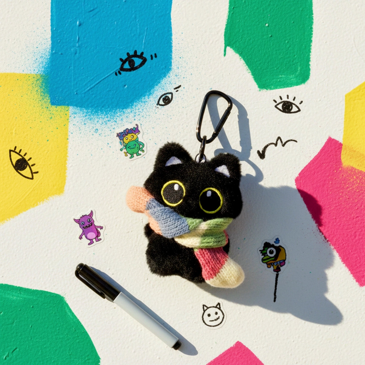 Black plush Yoyo keychain wearing a multicolor striped scarf, flat-lay lifestyle shot with craft supplies