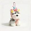 Grey-and-white plush Spirit Dog keychain wearing a pink knitted piglet hood with a crocheted unicorn horn