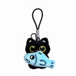 Close-up of a black plush Yoyo keychain holding the light blue Sky Fish charm