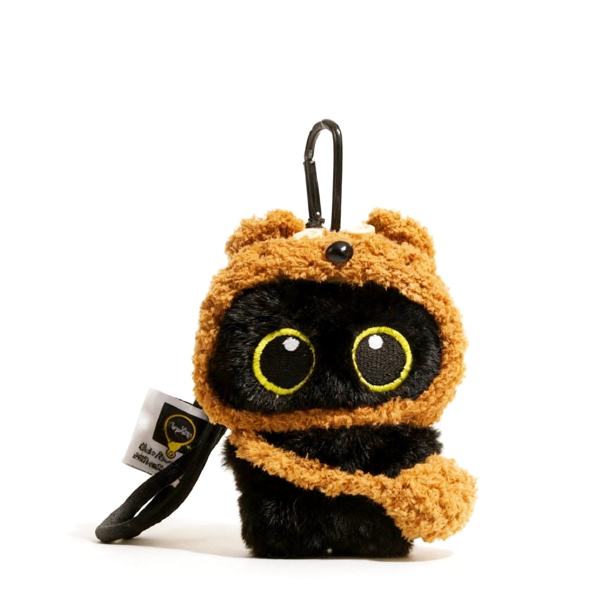 Yoyo plush keychain wearing a brown teddy bear hood, front view