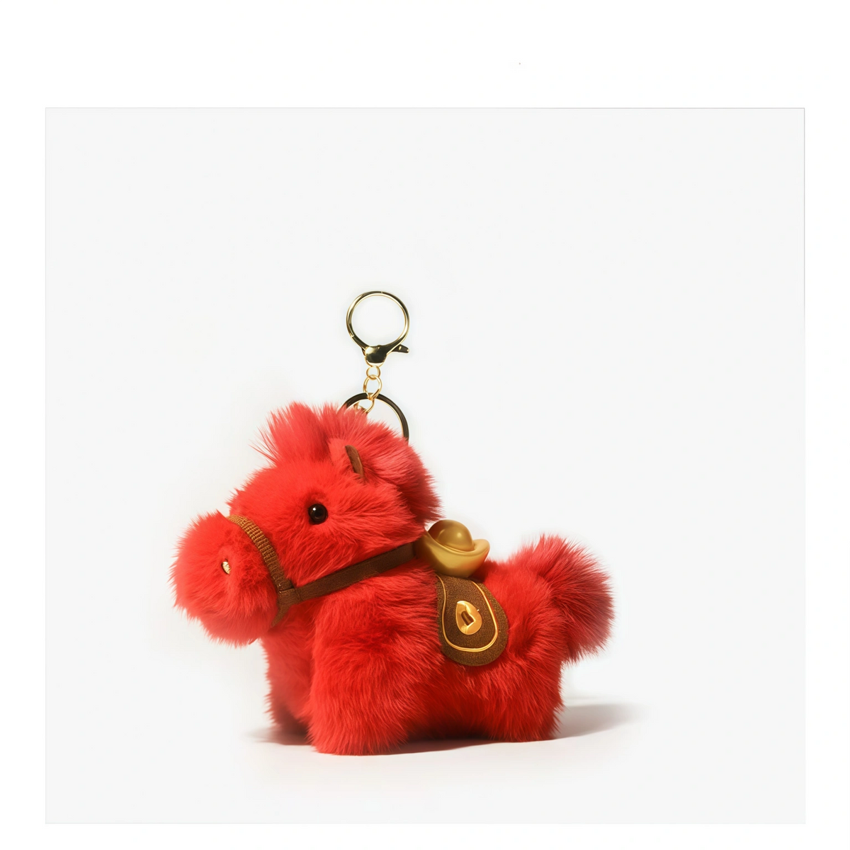 Red plush Heavenly Steed horse keychain with a gold ingot charm, standing pose