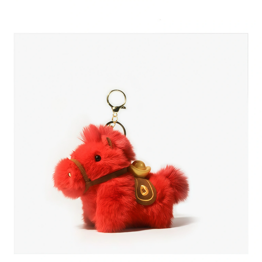 Red plush Heavenly Steed horse keychain with a gold ingot charm, standing pose
