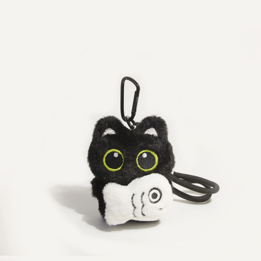 Back-angle close-up of a black plush Yoyo keychain holding the Cloudy Fish charm