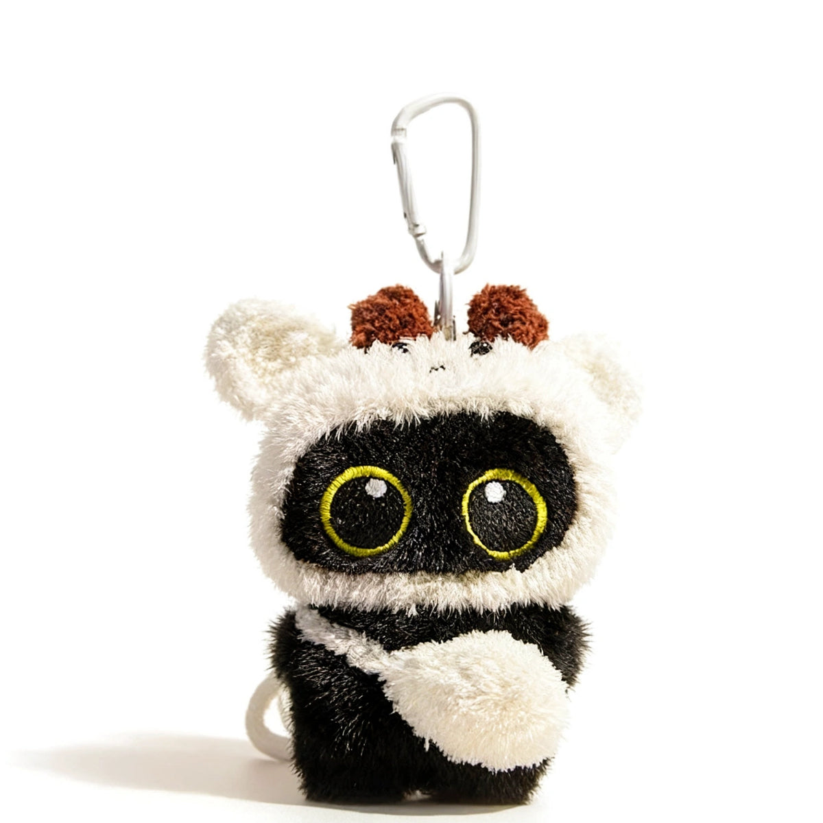 Yoyo plush keychain wearing a white fluffy lambkin hood, front view